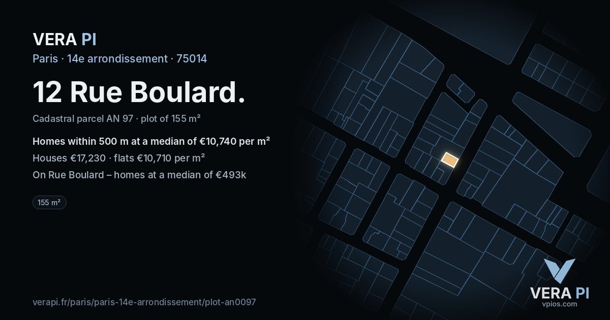 12 Rue Boulard, 14e arrondissement at night – the plot lit, the parcels around coloured by the prices near them