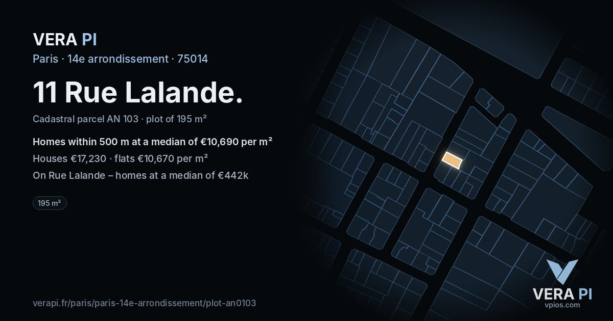11 Rue Lalande, 14e arrondissement at night – the plot lit, the parcels around coloured by the prices near them