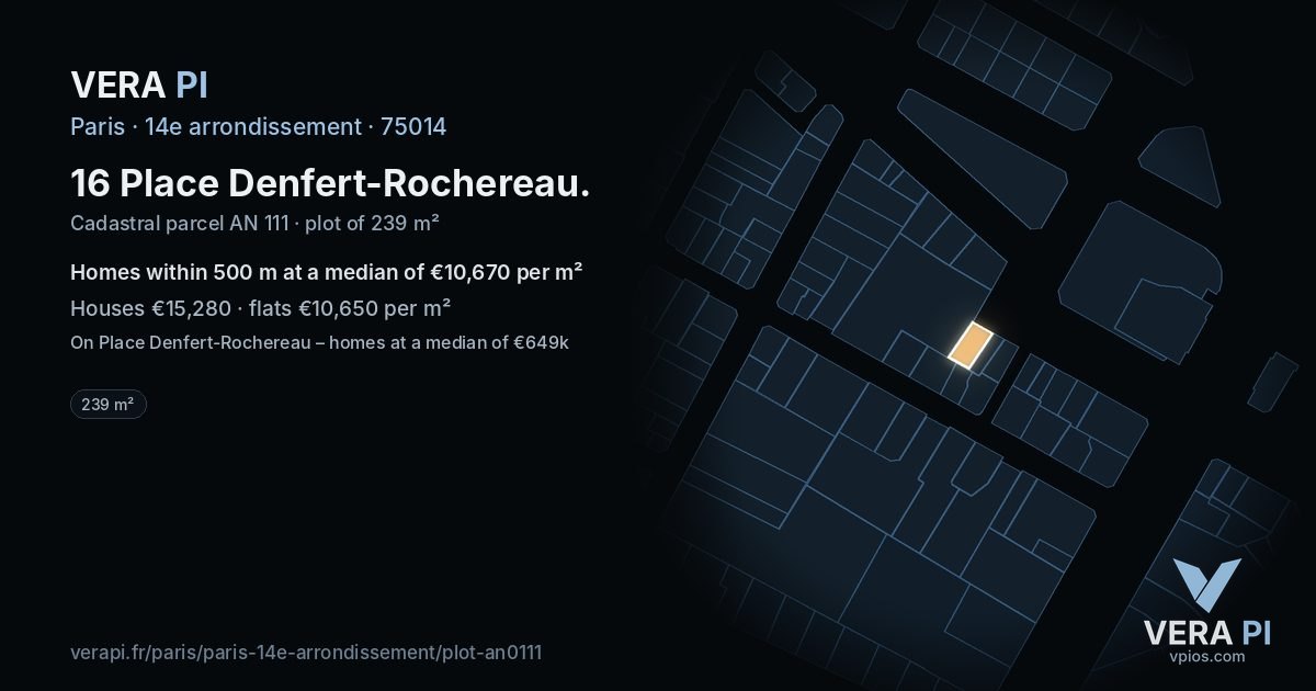 16 Place Denfert-Rochereau, 14e arrondissement at night – the plot lit, the parcels around coloured by the prices near them