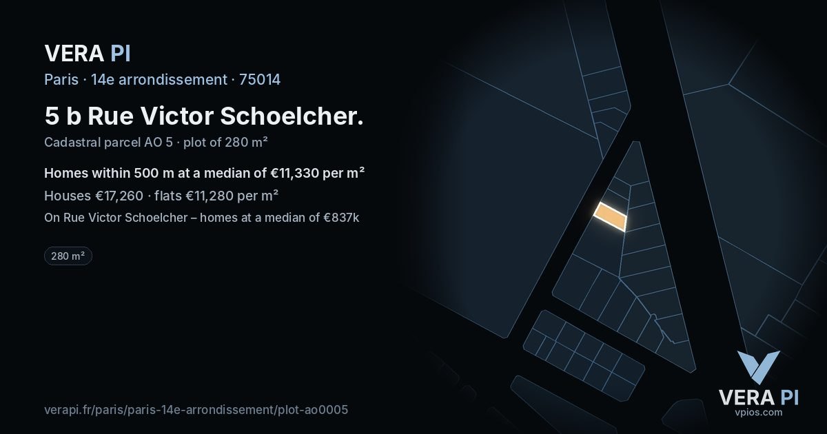 5 b Rue Victor Schoelcher, 14e arrondissement at night – the plot lit, the parcels around coloured by the prices near them