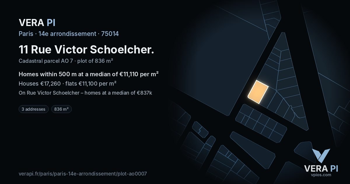 11 Rue Victor Schoelcher, 14e arrondissement at night – the plot lit, the parcels around coloured by the prices near them