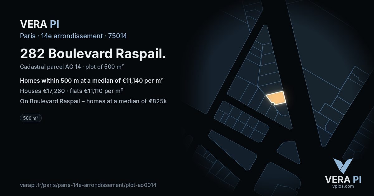 282 Boulevard Raspail, 14e arrondissement at night – the plot lit, the parcels around coloured by the prices near them