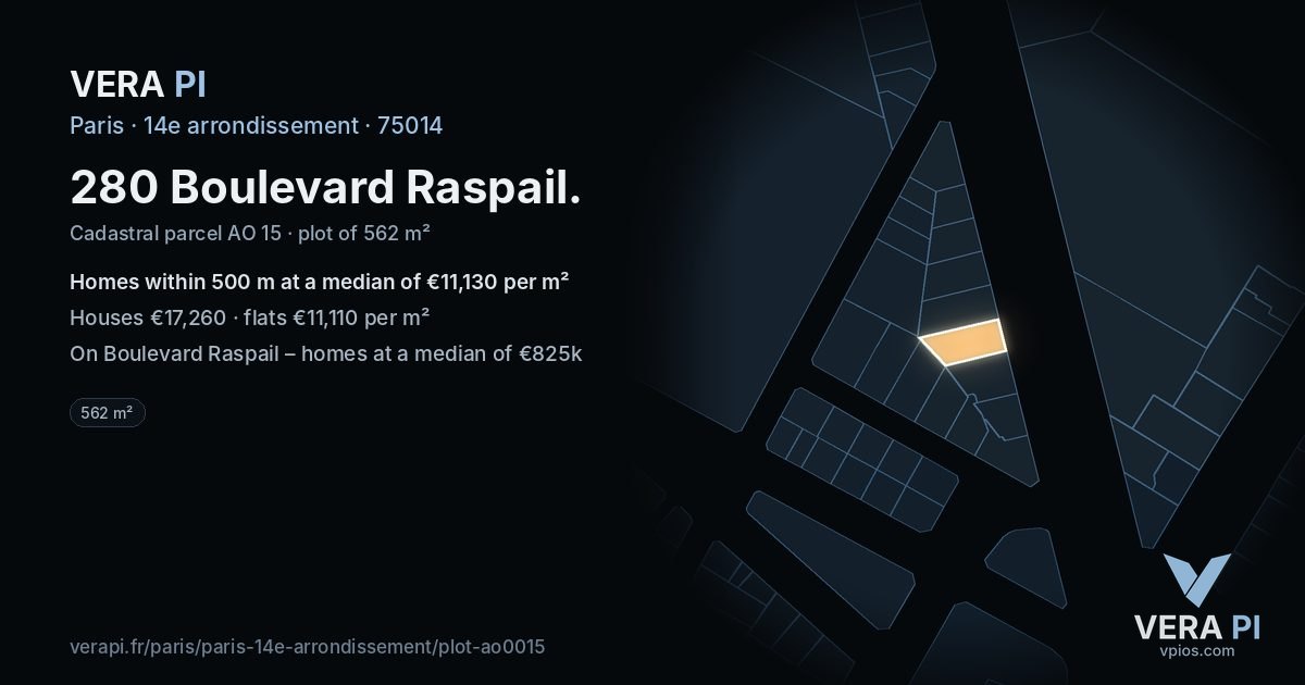 280 Boulevard Raspail, 14e arrondissement at night – the plot lit, the parcels around coloured by the prices near them