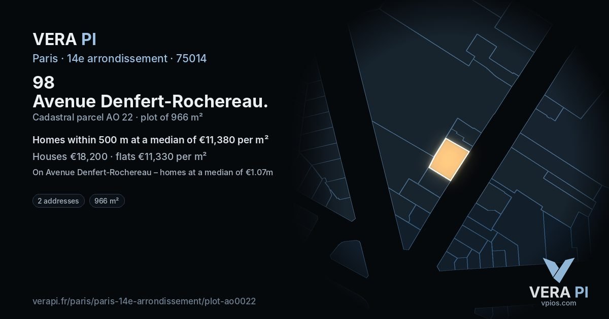98 Avenue Denfert-Rochereau, 14e arrondissement at night – the plot lit, the parcels around coloured by the prices near them