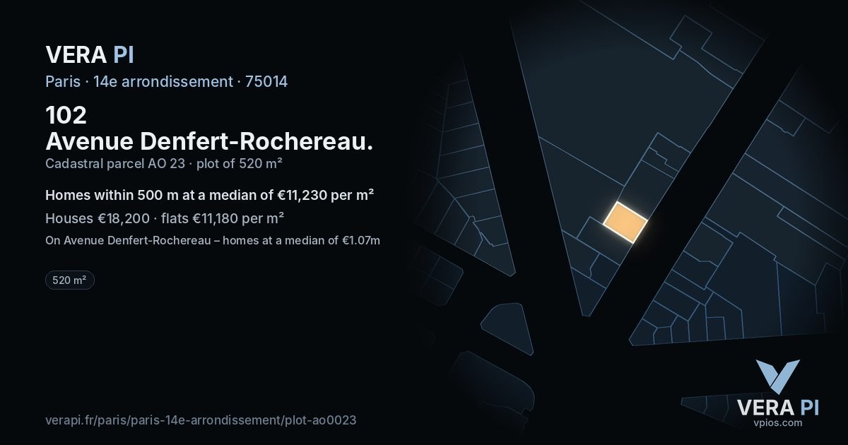102 Avenue Denfert-Rochereau, 14e arrondissement at night – the plot lit, the parcels around coloured by the prices near them