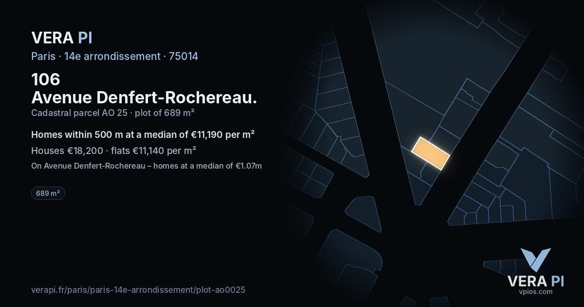 106 Avenue Denfert-Rochereau, 14e arrondissement at night – the plot lit, the parcels around coloured by the prices near them