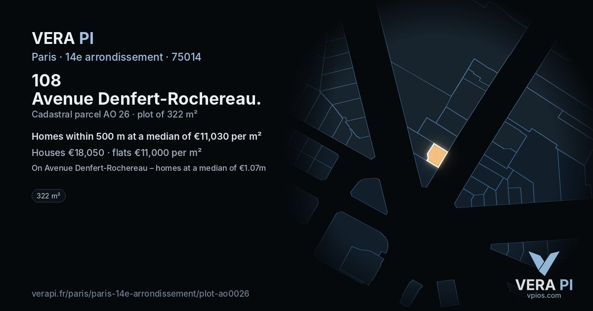 108 Avenue Denfert-Rochereau, 14e arrondissement at night – the plot lit, the parcels around coloured by the prices near them