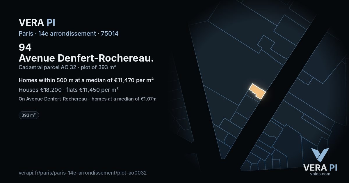 94 Avenue Denfert-Rochereau, 14e arrondissement at night – the plot lit, the parcels around coloured by the prices near them