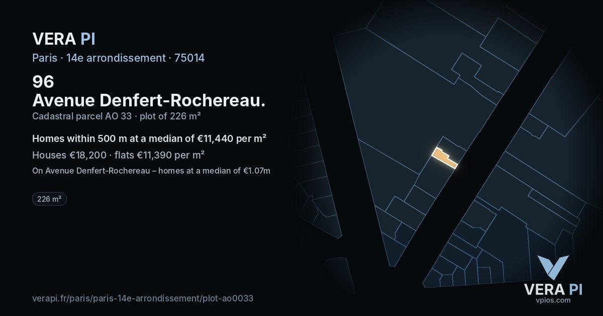 96 Avenue Denfert-Rochereau, 14e arrondissement at night – the plot lit, the parcels around coloured by the prices near them