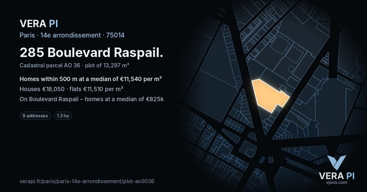 285 Boulevard Raspail, 14e arrondissement at night – the plot lit, the parcels around coloured by the prices near them