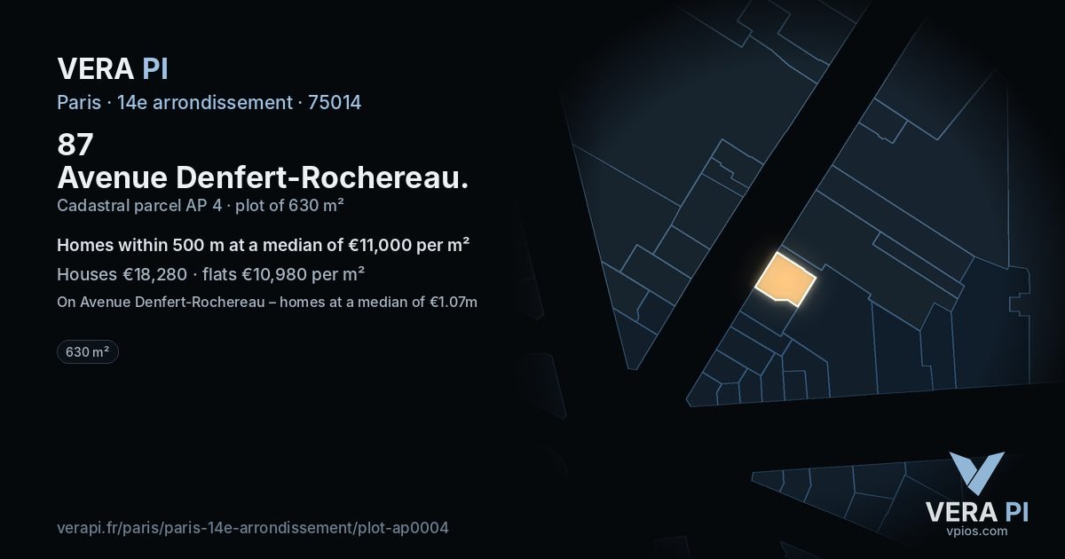 87 Avenue Denfert-Rochereau, 14e arrondissement at night – the plot lit, the parcels around coloured by the prices near them