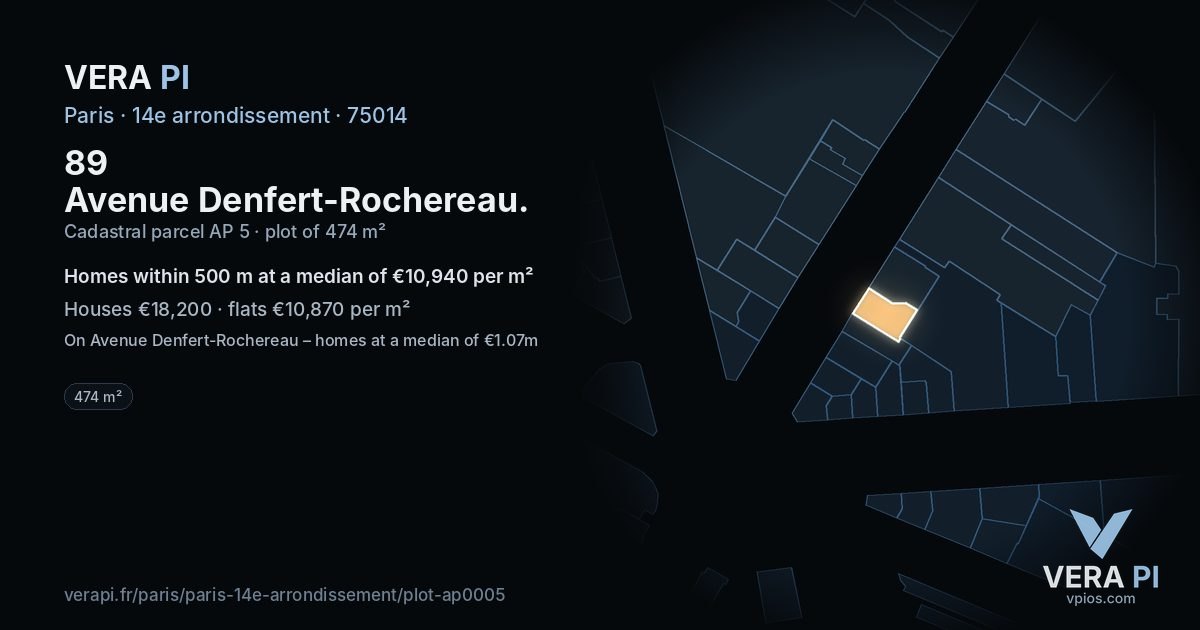 89 Avenue Denfert-Rochereau, 14e arrondissement at night – the plot lit, the parcels around coloured by the prices near them
