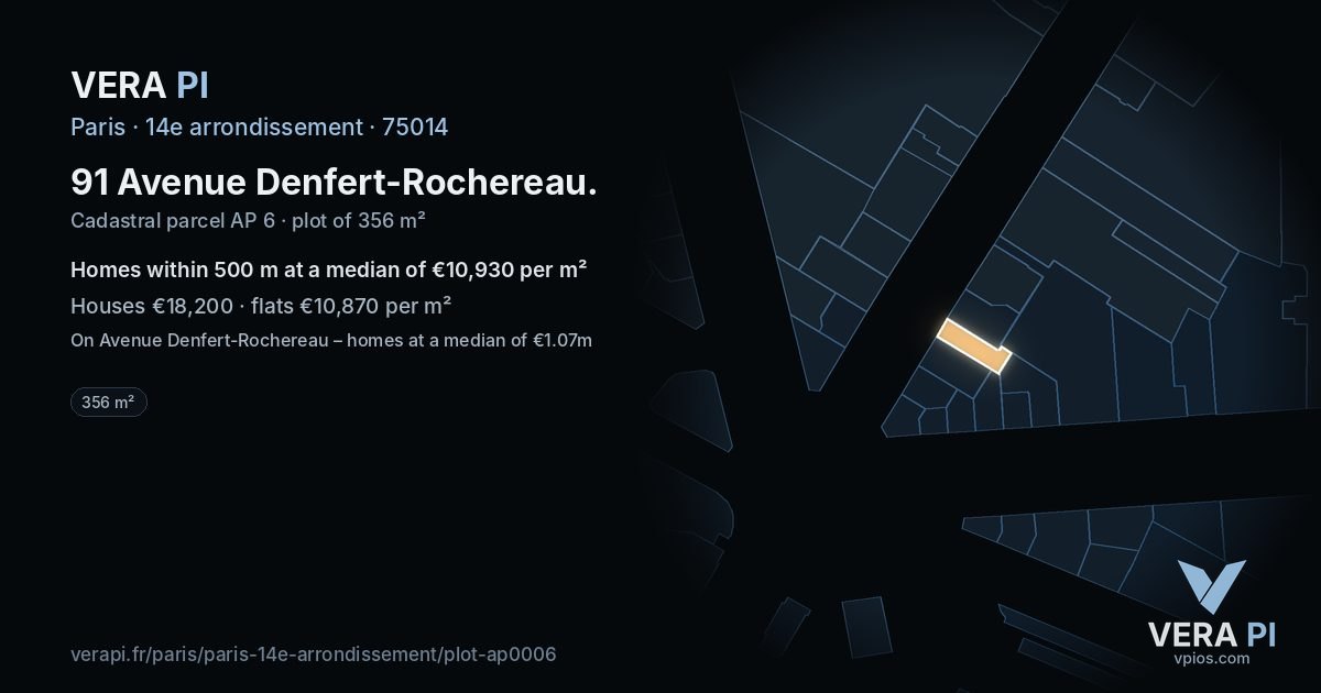 91 Avenue Denfert-Rochereau, 14e arrondissement at night – the plot lit, the parcels around coloured by the prices near them
