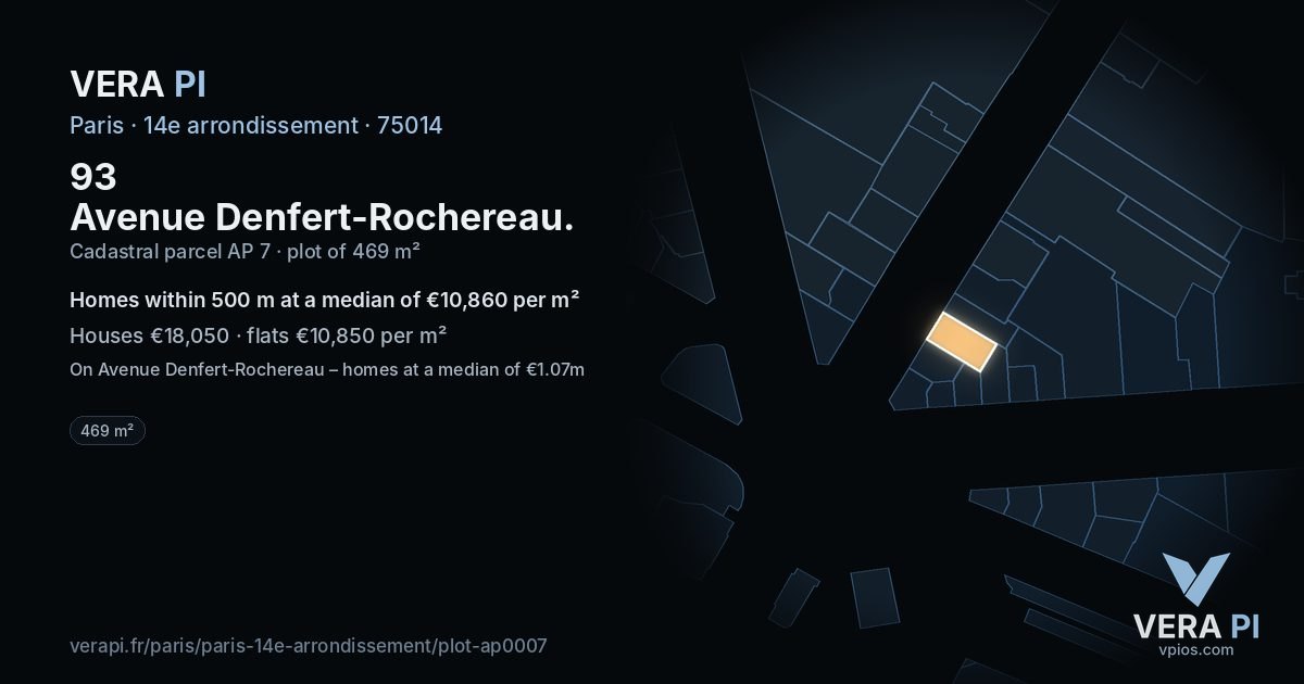 93 Avenue Denfert-Rochereau, 14e arrondissement at night – the plot lit, the parcels around coloured by the prices near them