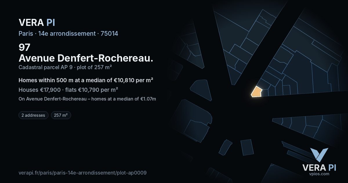 97 Avenue Denfert-Rochereau, 14e arrondissement at night – the plot lit, the parcels around coloured by the prices near them