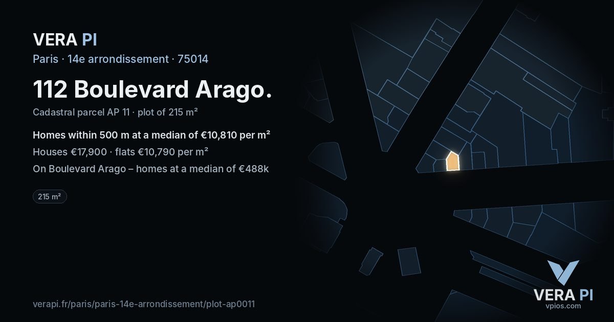 112 Boulevard Arago, 14e arrondissement at night – the plot lit, the parcels around coloured by the prices near them