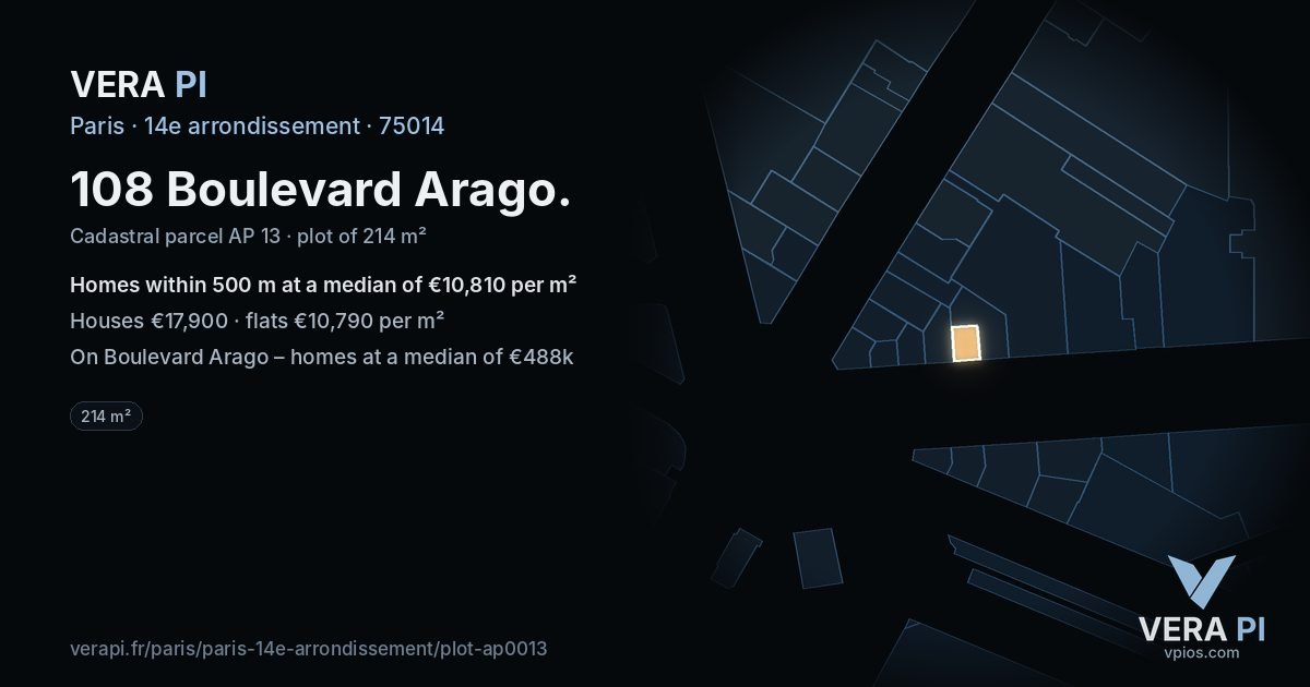 108 Boulevard Arago, 14e arrondissement at night – the plot lit, the parcels around coloured by the prices near them
