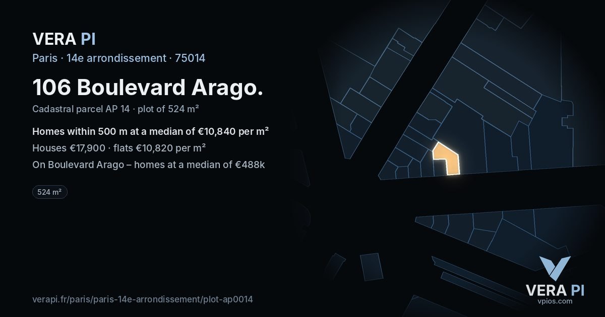106 Boulevard Arago, 14e arrondissement at night – the plot lit, the parcels around coloured by the prices near them