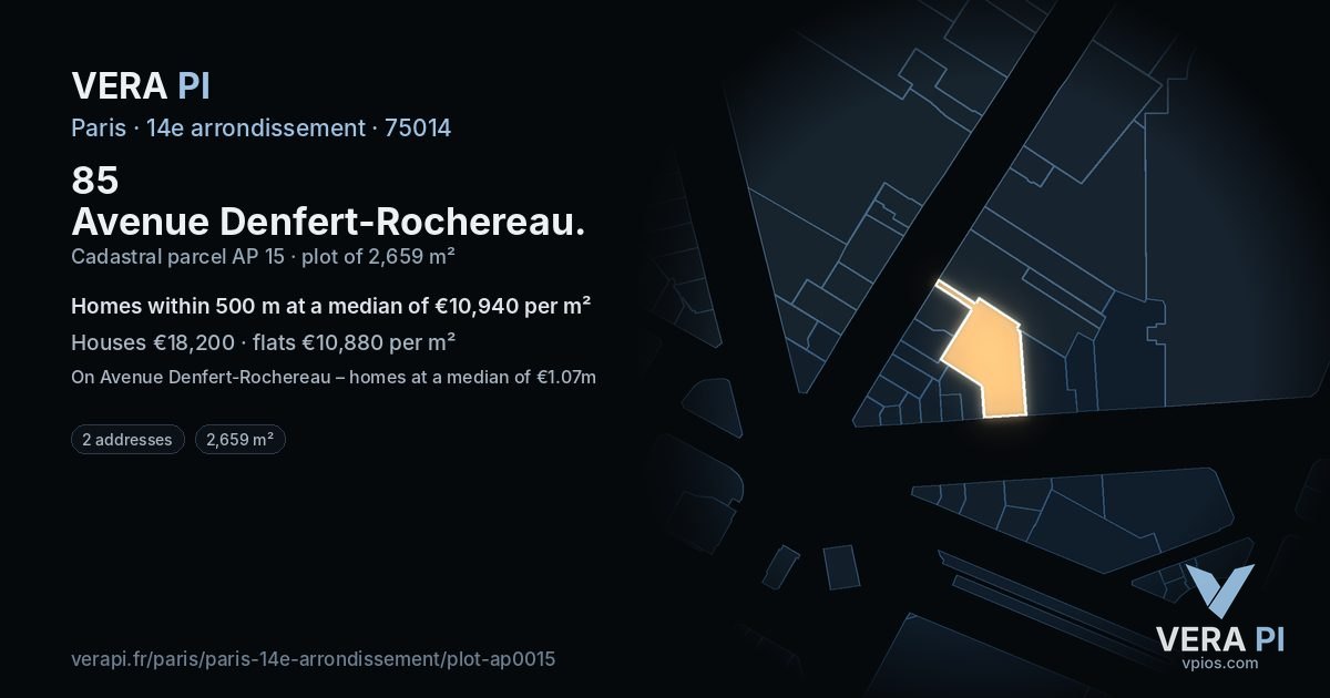 85 Avenue Denfert-Rochereau, 14e arrondissement at night – the plot lit, the parcels around coloured by the prices near them