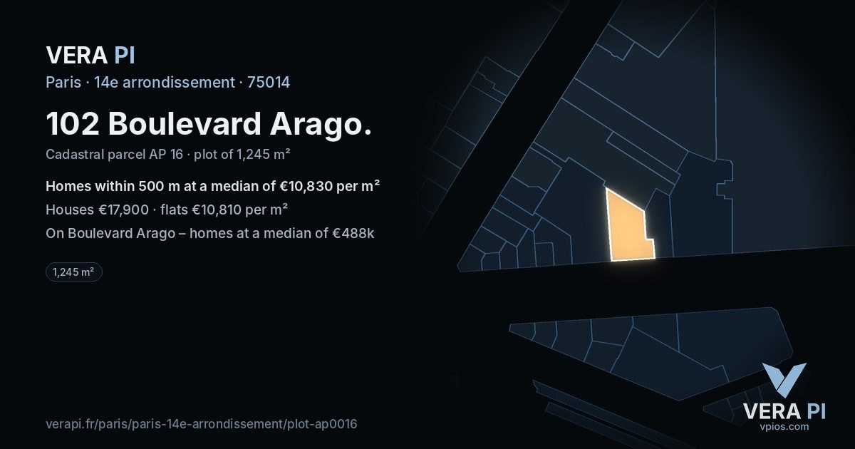 102 Boulevard Arago, 14e arrondissement at night – the plot lit, the parcels around coloured by the prices near them