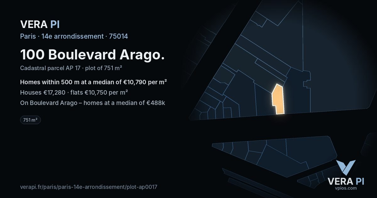 100 Boulevard Arago, 14e arrondissement at night – the plot lit, the parcels around coloured by the prices near them