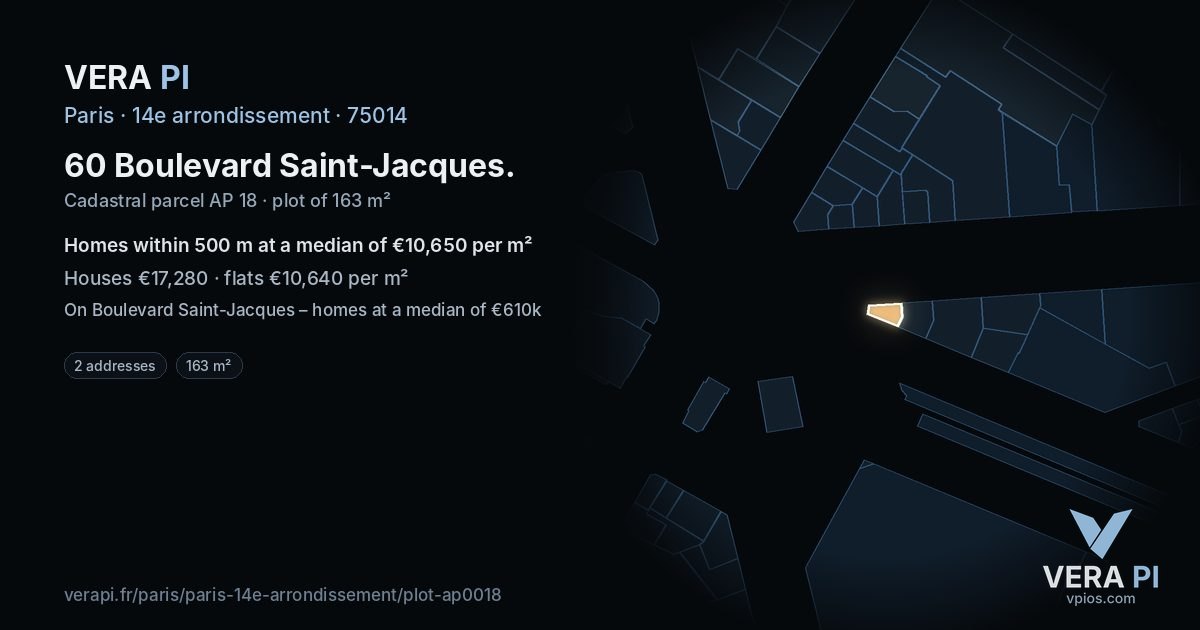 60 Boulevard Saint-Jacques, 14e arrondissement at night – the plot lit, the parcels around coloured by the prices near them