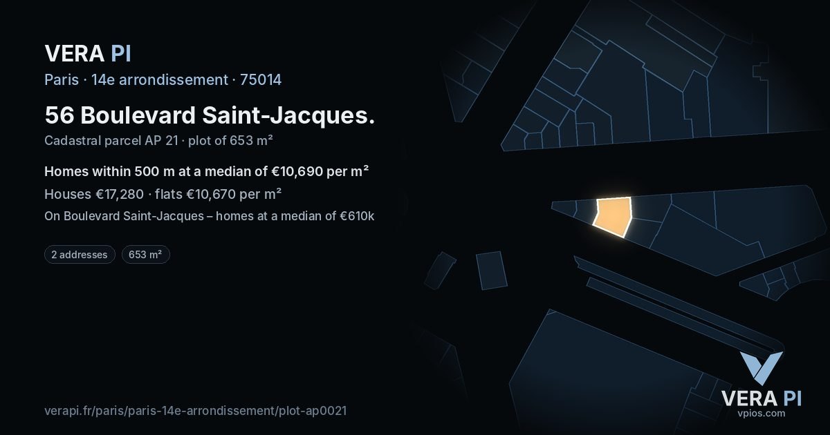 56 Boulevard Saint-Jacques, 14e arrondissement at night – the plot lit, the parcels around coloured by the prices near them