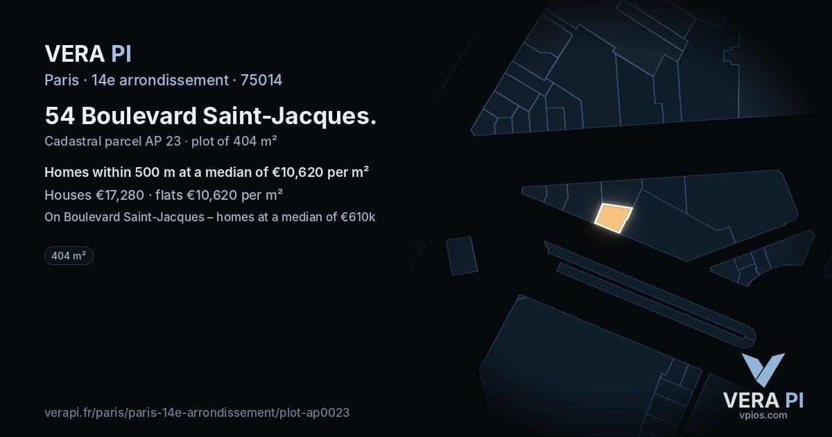 54 Boulevard Saint-Jacques, 14e arrondissement at night – the plot lit, the parcels around coloured by the prices near them