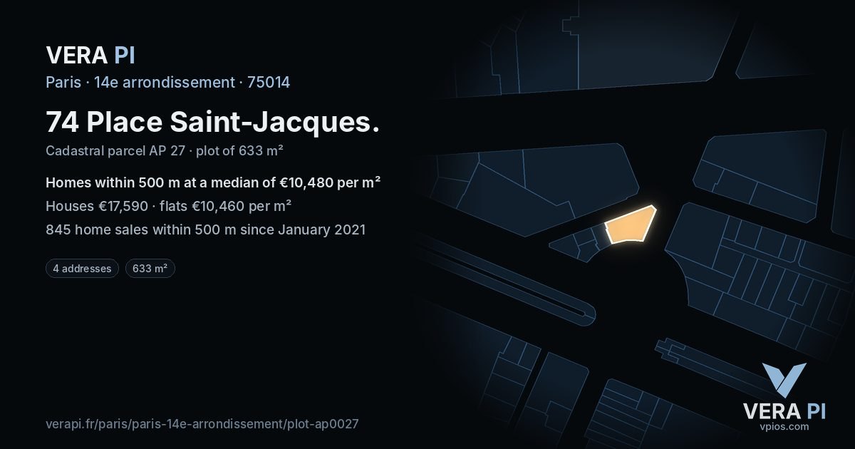 74 Place Saint-Jacques, 14e arrondissement at night – the plot lit, the parcels around coloured by the prices near them