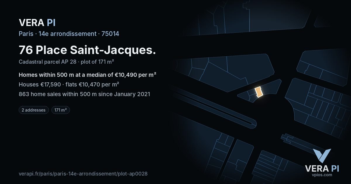 76 Place Saint-Jacques, 14e arrondissement at night – the plot lit, the parcels around coloured by the prices near them