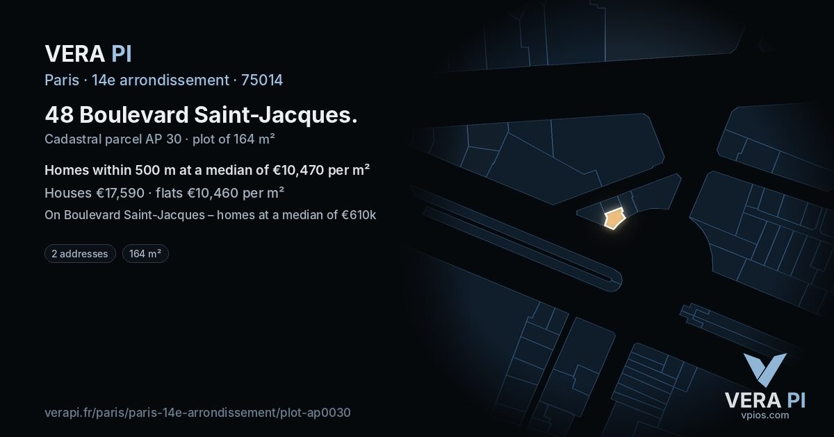 48 Boulevard Saint-Jacques, 14e arrondissement at night – the plot lit, the parcels around coloured by the prices near them