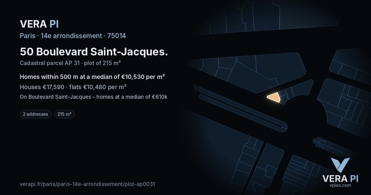 50 Boulevard Saint-Jacques, 14e arrondissement at night – the plot lit, the parcels around coloured by the prices near them