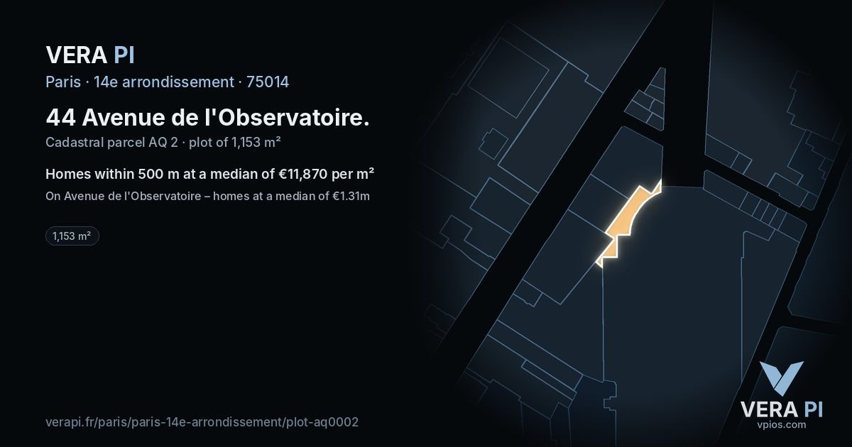 44 Avenue de l'Observatoire, 14e arrondissement at night – the plot lit, the parcels around coloured by the prices near them