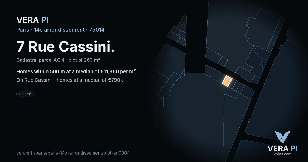 7 Rue Cassini, 14e arrondissement at night – the plot lit, the parcels around coloured by the prices near them