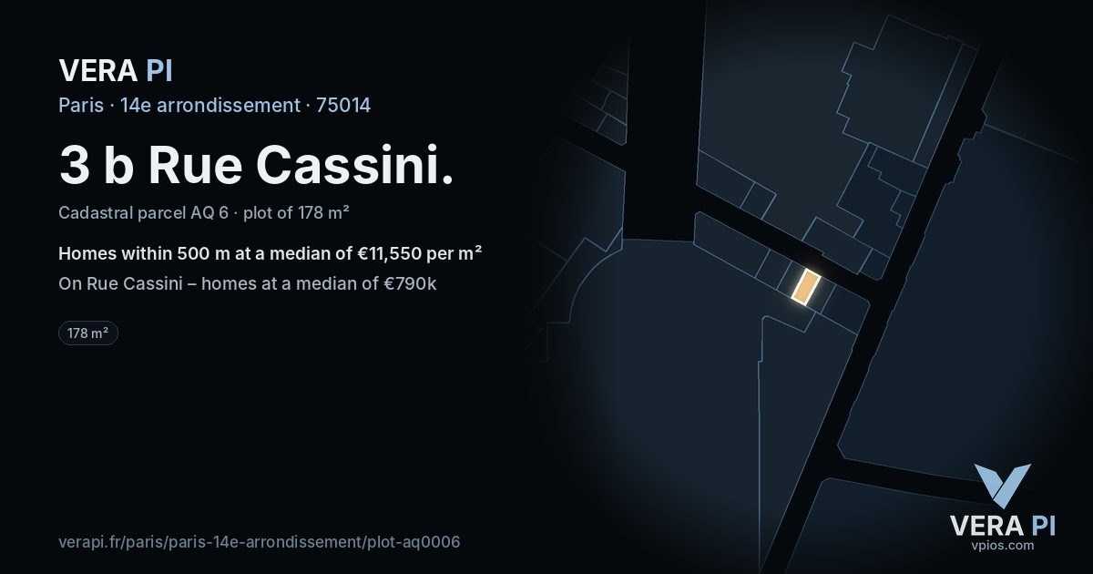 3 b Rue Cassini, 14e arrondissement at night – the plot lit, the parcels around coloured by the prices near them
