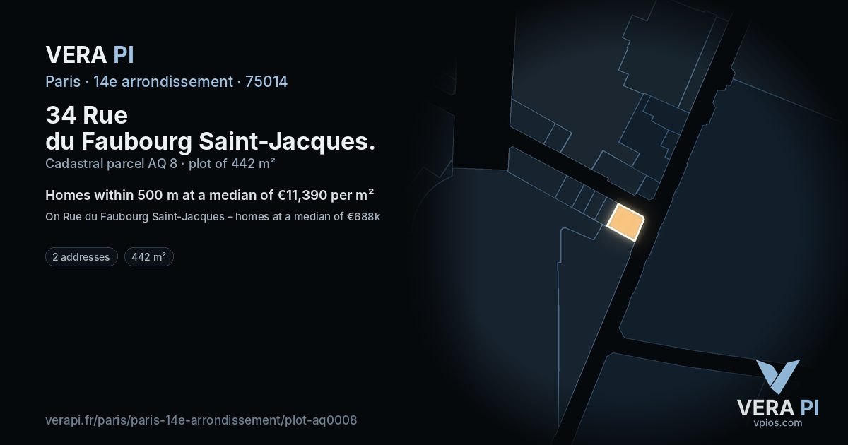34 Rue du Faubourg Saint-Jacques, 14e arrondissement at night – the plot lit, the parcels around coloured by the prices near them