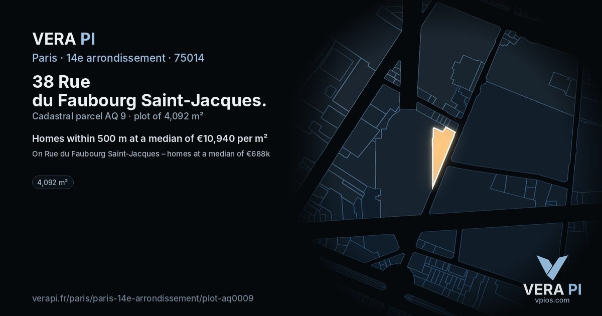 38 Rue du Faubourg Saint-Jacques, 14e arrondissement at night – the plot lit, the parcels around coloured by the prices near them