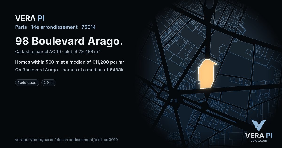 98 Boulevard Arago, 14e arrondissement at night – the plot lit, the parcels around coloured by the prices near them