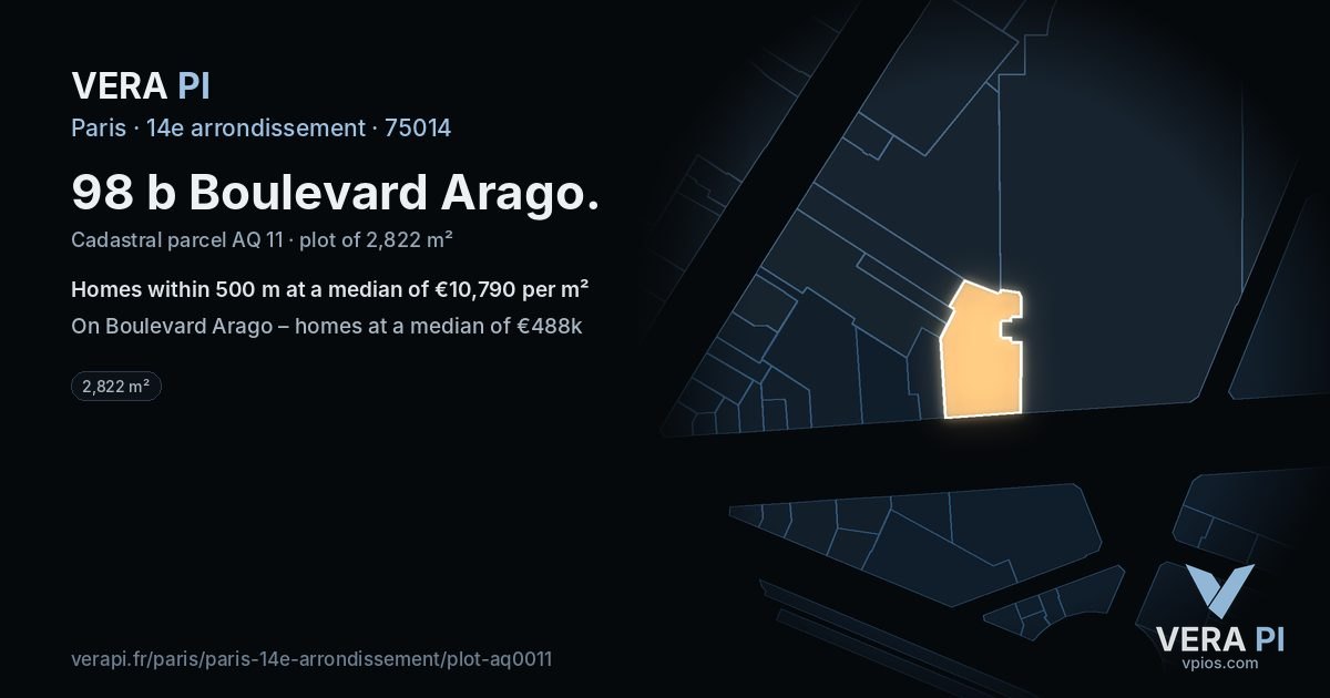 98 b Boulevard Arago, 14e arrondissement at night – the plot lit, the parcels around coloured by the prices near them