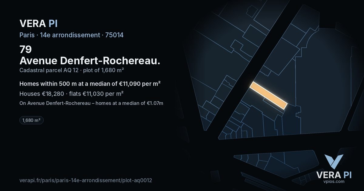 79 Avenue Denfert-Rochereau, 14e arrondissement at night – the plot lit, the parcels around coloured by the prices near them