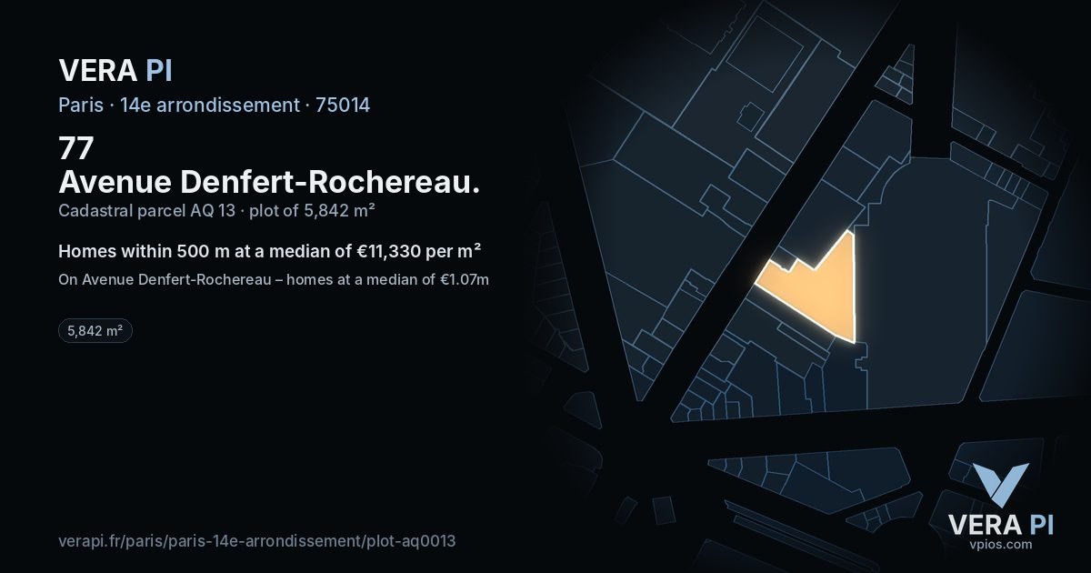 77 Avenue Denfert-Rochereau, 14e arrondissement at night – the plot lit, the parcels around coloured by the prices near them