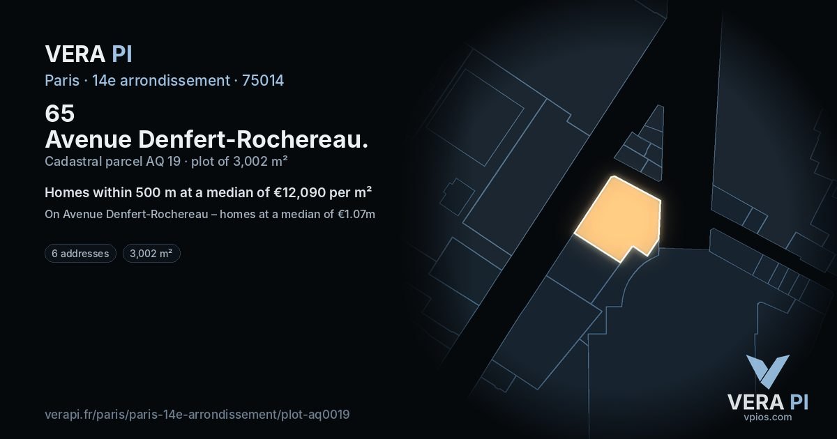 65 Avenue Denfert-Rochereau, 14e arrondissement at night – the plot lit, the parcels around coloured by the prices near them