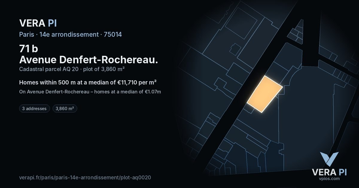 71 b Avenue Denfert-Rochereau, 14e arrondissement at night – the plot lit, the parcels around coloured by the prices near them