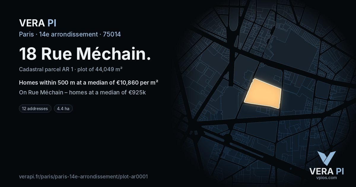 18 Rue Méchain, 14e arrondissement at night – the plot lit, the parcels around coloured by the prices near them