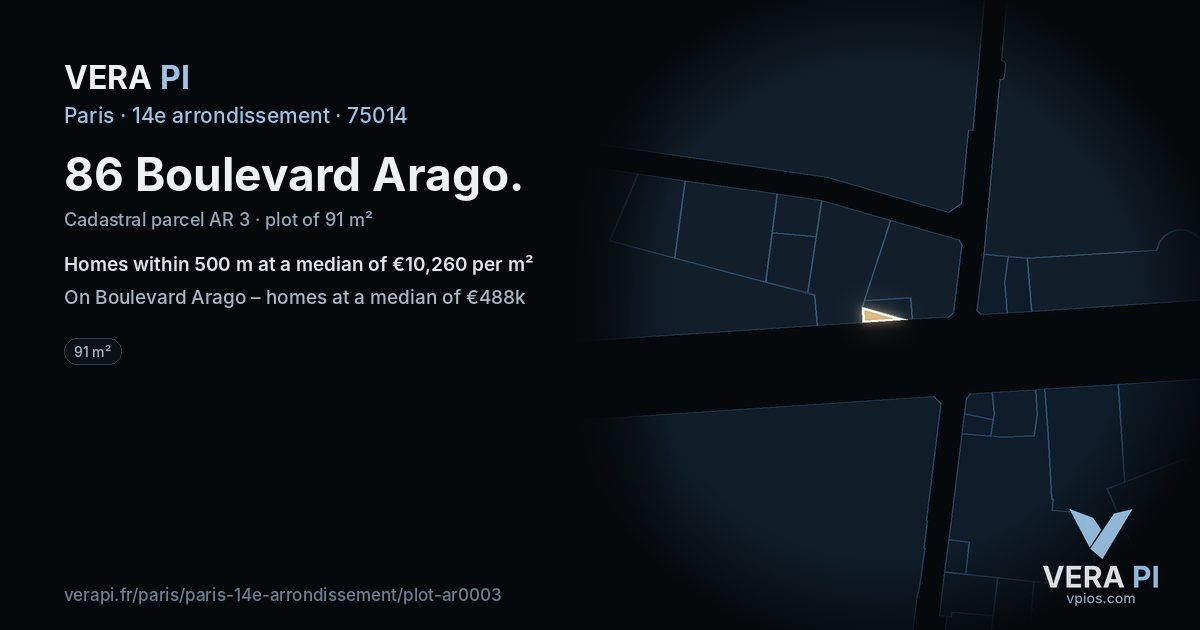 86 Boulevard Arago, 14e arrondissement at night – the plot lit, the parcels around coloured by the prices near them