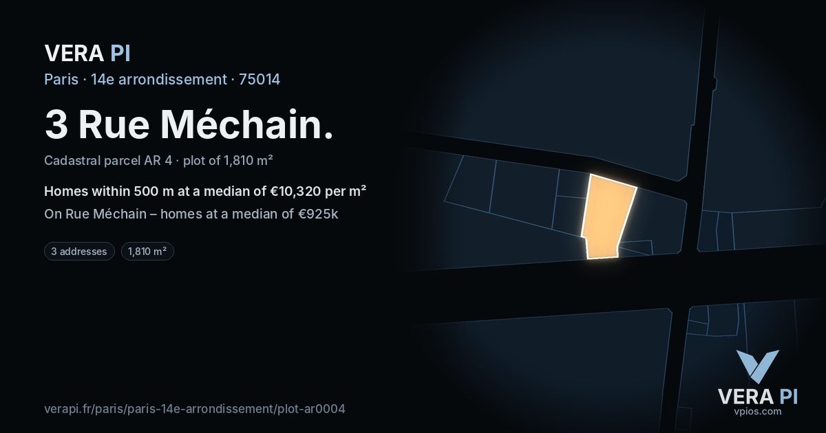 3 Rue Méchain, 14e arrondissement at night – the plot lit, the parcels around coloured by the prices near them