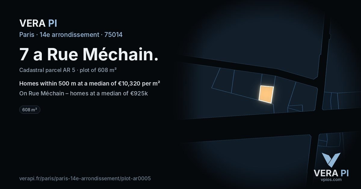 7 a Rue Méchain, 14e arrondissement at night – the plot lit, the parcels around coloured by the prices near them