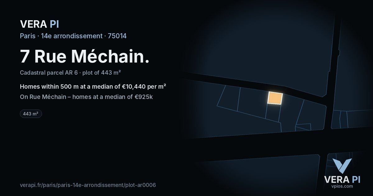 7 Rue Méchain, 14e arrondissement at night – the plot lit, the parcels around coloured by the prices near them
