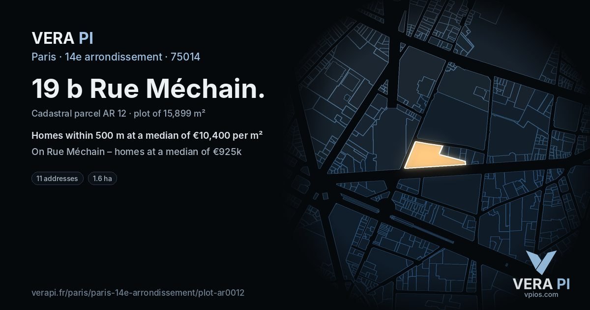 19 b Rue Méchain, 14e arrondissement at night – the plot lit, the parcels around coloured by the prices near them