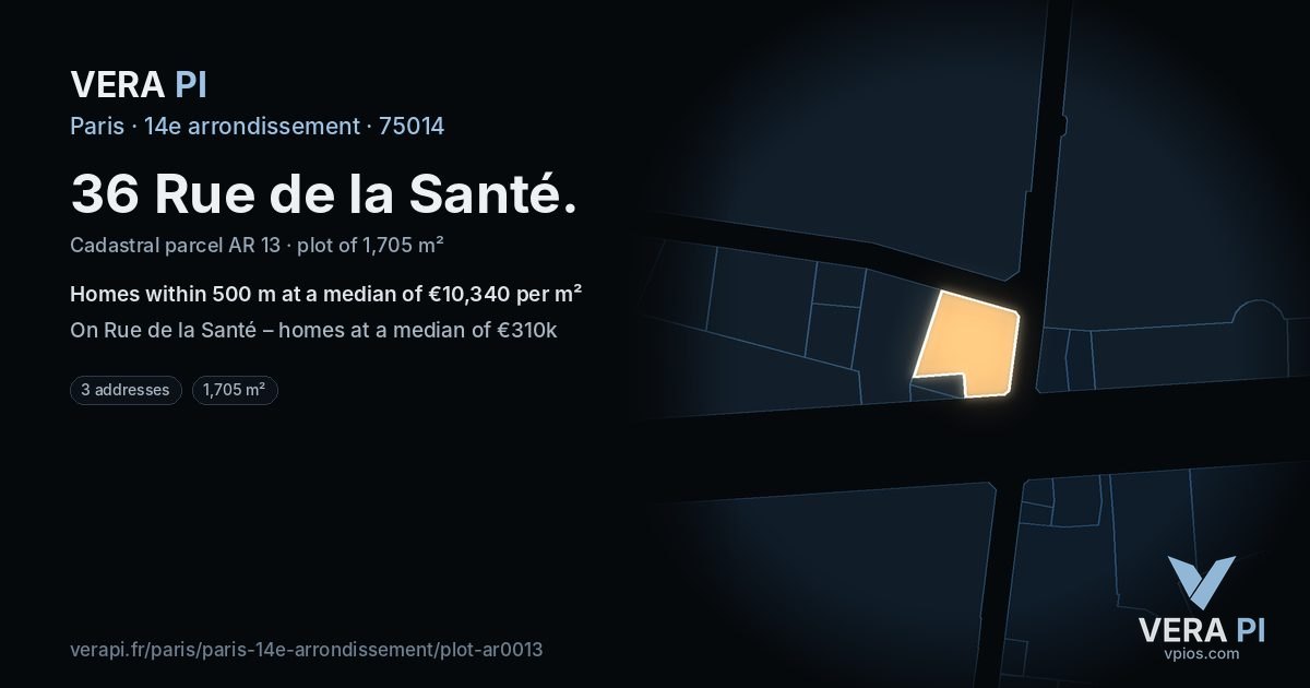 36 Rue de la Santé, 14e arrondissement at night – the plot lit, the parcels around coloured by the prices near them